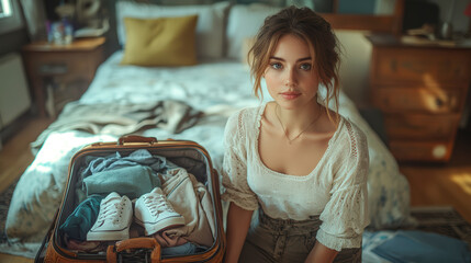 Young woman packing suitcase in bedroom, preparing for an upcoming trip.