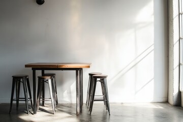 Wooden Table and Metal Stools Near a Window