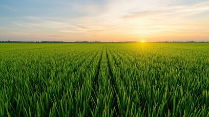 A vibrant green rice field stretches under a colorful sunset, creating a serene landscape filled with nature's beauty.