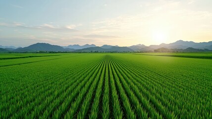 A lush green rice field stretches towards the horizon, illuminated by the soft glow of a setting sun against distant mountains.