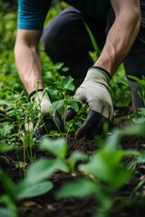 Naklejka premium Gardener plants seedling in rich soil.