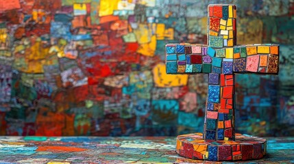 Naklejka premium Cross in abstract mosaic art style, representing multicultural spiritual unity