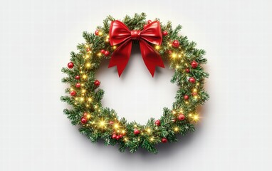 A large circular sign decorated with mistletoe and a bow, glowing softly with holiday lights, on a bright white background