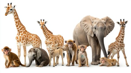 A diverse group of wild animals stands together on a white background, creating a striking representation of nature and wildlife