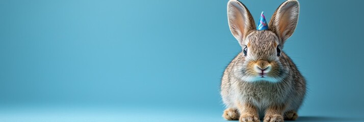 Cute funny rabbit wearing a birthday hat in a bright studio setting