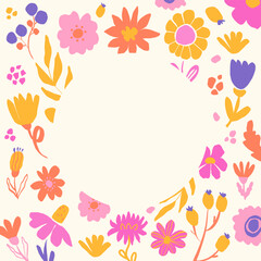 Square minimalist template with bright abstract flowers on a light background