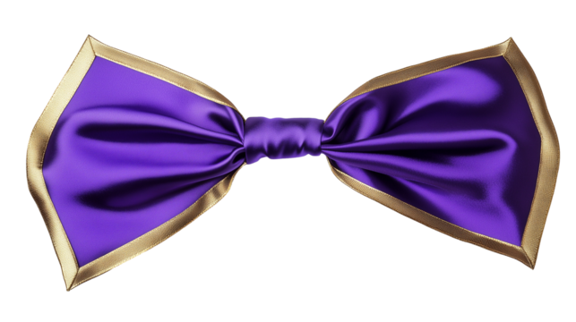 Purple satin ribbon with gold trim tied in majestic bow isolated on transparent background