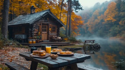 Autumn breakfast at a lakeside log cabin. - Powered by Adobe