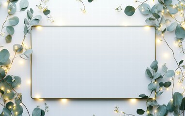 A metallic rectangular sign bordered with soft glowing fairy lights and sprigs of eucalyptus on a bright white background