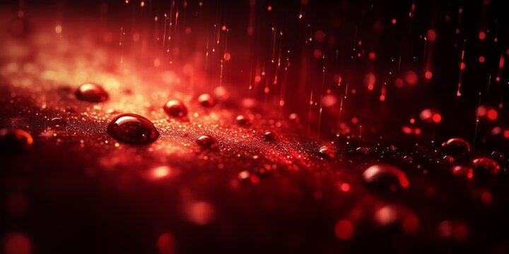 Close-up of glistening red droplets on a textured surface with bokeh effects, creating a vibrant and mystical ambiance.