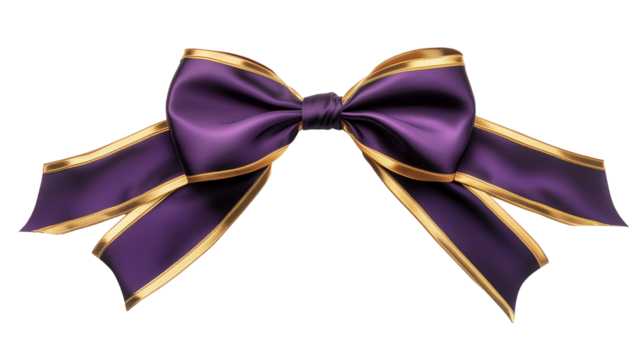 Purple satin ribbon with gold trim tied in majestic bow isolated on transparent background - Powered by Adobe