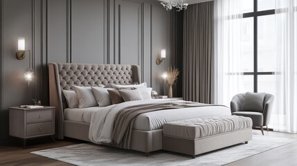 Fototapeta premium Modern bedroom design featuring a large soft bed with stylish decor in a cozy setting