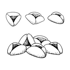 Purim cookies black and white vector illustration. Traditional Jewish triangle pastry Oznei Haman or Hamantaschen set in simple line style for coloring and holiday designs