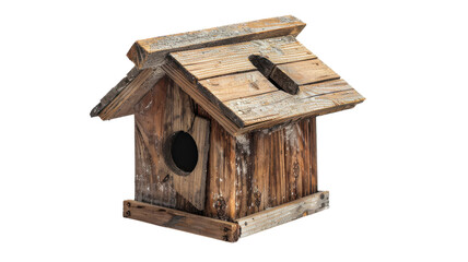 Rustic wooden birdhouse sits on a bright blue background showcasing craftsmanship and charm