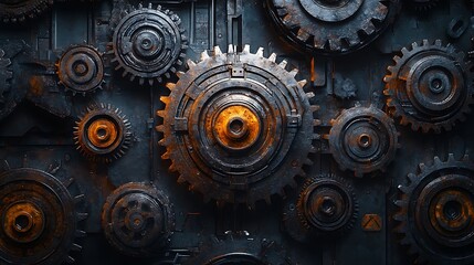 Gears of varying sizes and materials, set against a dark industrial background, illuminated by dramatic overhead lighting, fine details of wear and tear visible on each surface,