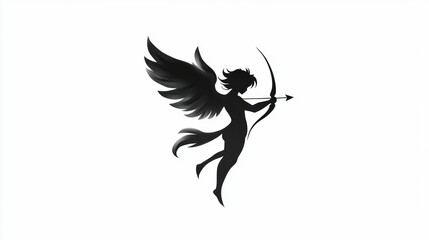 Fototapeta premium A silhouetted character with angelic wings holds a bow and arrow, symbolizing love or inspiration, Ideal for romantic themes, greeting cards, or illustrations related to myth and fantasy,