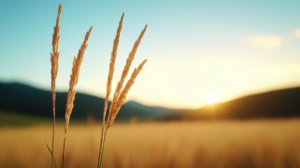 Fototapeta premium A serene landscape featuring tall grass against a vibrant sunset, highlighting nature's beauty and tranquility.