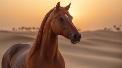 Obraz premium A majestic horse stands in the desert at sunset, silhouetted against the sky.