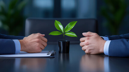 Dynamic image of an HR manager and an employee seated across from each other in a formal performance review meeting, with a review document and notes on the table, 3D render