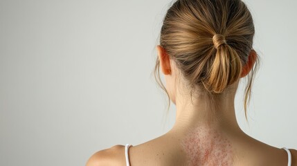 Woman experiences allergic rash on back against white isolated background