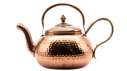 Shimmering copper kettle resting against a vibrant blue backdrop in a cozy kitchen setting