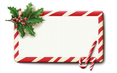 Fototapeta premium A rectangular sign designed with candy cane stripes and a sprig of mistletoe at the corner on a bright white background