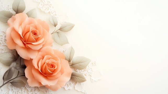 Soft peach roses with delicate leaves lie on a lace background, creating a serene and elegant composition, Ideal for wedding invitations, greeting cards, or beauty-related content,