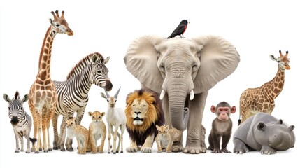 Fototapeta premium A collection of African wildlife features a lion, elephant, giraffe, zebra, gazelle, and monkey set against a transparent background