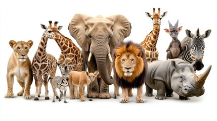A collection of African wildlife features a lion, elephant, giraffe, zebra, gazelle, and monkey set against a transparent background