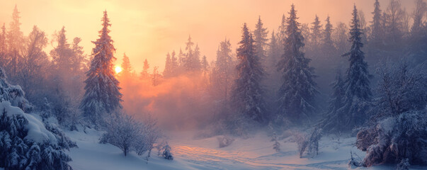 Fototapeta premium Christmas winter landscape with fir trees covered with snow, in pastel tones. New Year seasonal background.