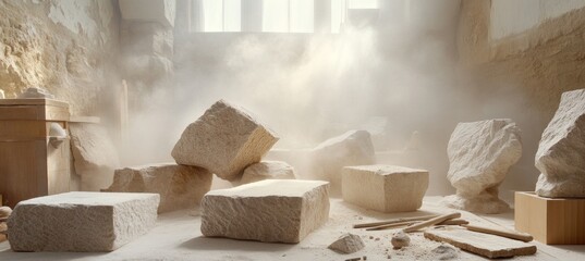Stone blocks and sculptures filling dusty workshop with sunlight