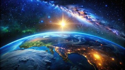 Obraz premium Awe-inspiring images reveal Earth's nocturnal splendor, a cosmic jewel gleaming within the vast night sky.