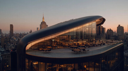 A stunning rooftop restaurant with sleek design overlooks New York City skyline at sunset, featuring iconic Empire State Building in background. ambiance is inviting and modern, perfect for dining