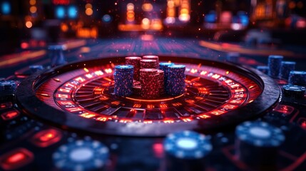 Futuristic Roulette Wheel with glowing chips.