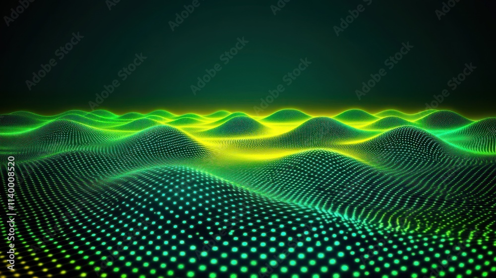 Poster abstract digital landscape with glowing waves and dots in green and yellow hues.