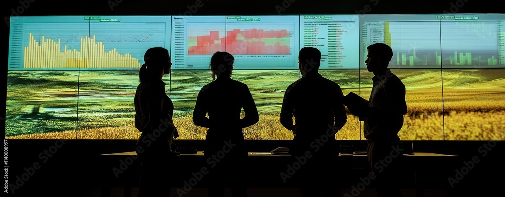 Aufkleber Silhouetted figures in front of data screens displaying analytics and landscapes.