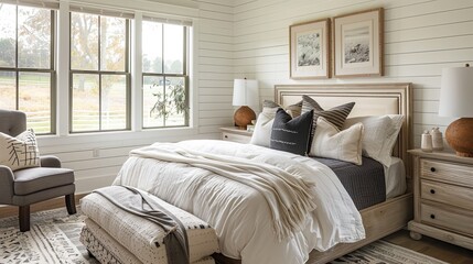 A bedroom with a serene and luxury interior with beautiful furniture 
