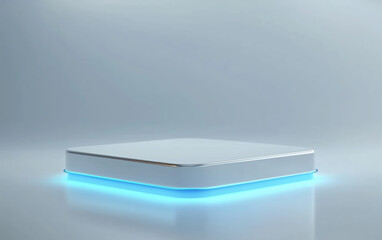 Modern white device with glowing blue light, designed for smart technology applications in a minimalist setting. blank white square podium with blue glowing edges on an empty light background.