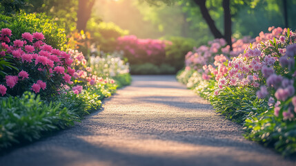 A tranquil pathway with volumetric flowering bushes on both sides under a soft spring sky