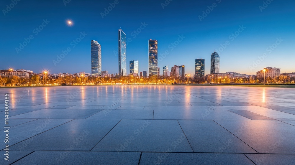 Poster A city skyline at dusk with illuminated buildings and a reflective pavement.