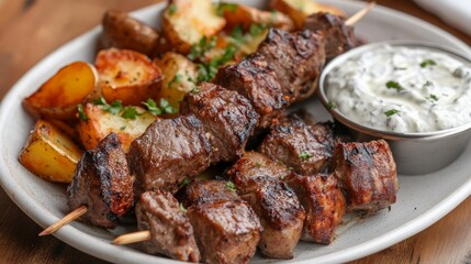 Fototapeta premium Grilled Lamb Kebab with Mediterranean Sides