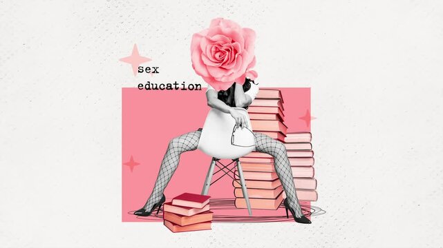 Creative 3d motion collage video of anonym librarian girl instead head rose flower sit chair sex education concept