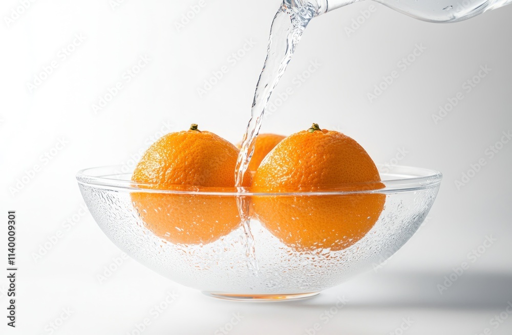 Poster three oranges in a bowl with sparkling water being poured over them.