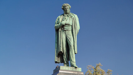 Monument to russian poet Alexander Pushkin on Pushkin Square timelapse hyperlapse, Moscow, Russia