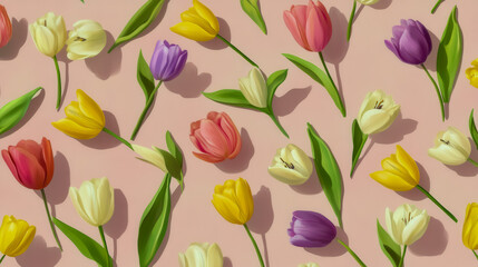 Whimsical arrangement of tulips in soft pastel hues.