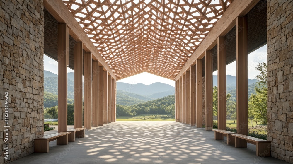 Poster a spacious architectural structure with a wooden lattice roof and scenic mountain views.