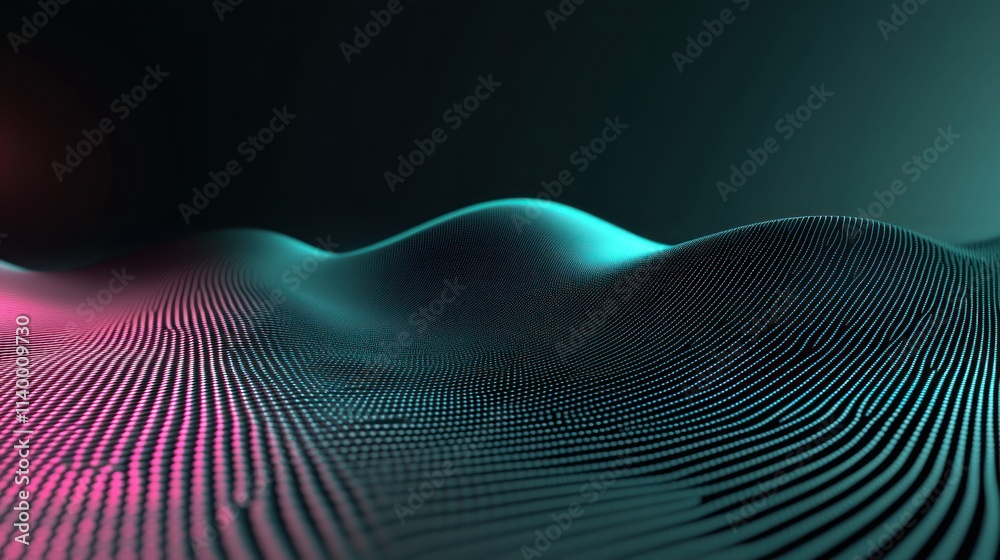 Poster abstract digital landscape with flowing waves and vibrant colors.
