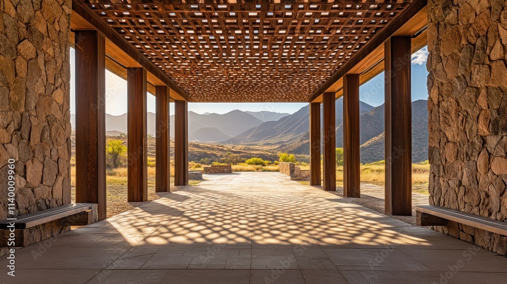 Aufkleber a serene architectural space with stone columns and a patterned ceiling, overlooking mountains.