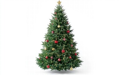 Fototapeta premium Decorated christmas tree with ornaments and lights, bright white background for festive holiday designs