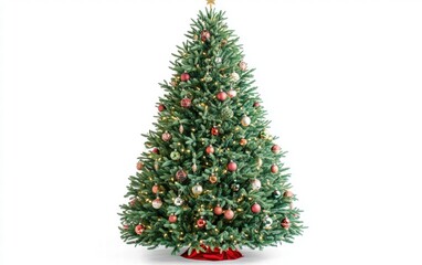 Fototapeta premium Decorated christmas tree with ornaments and lights, bright white background for festive holiday designs